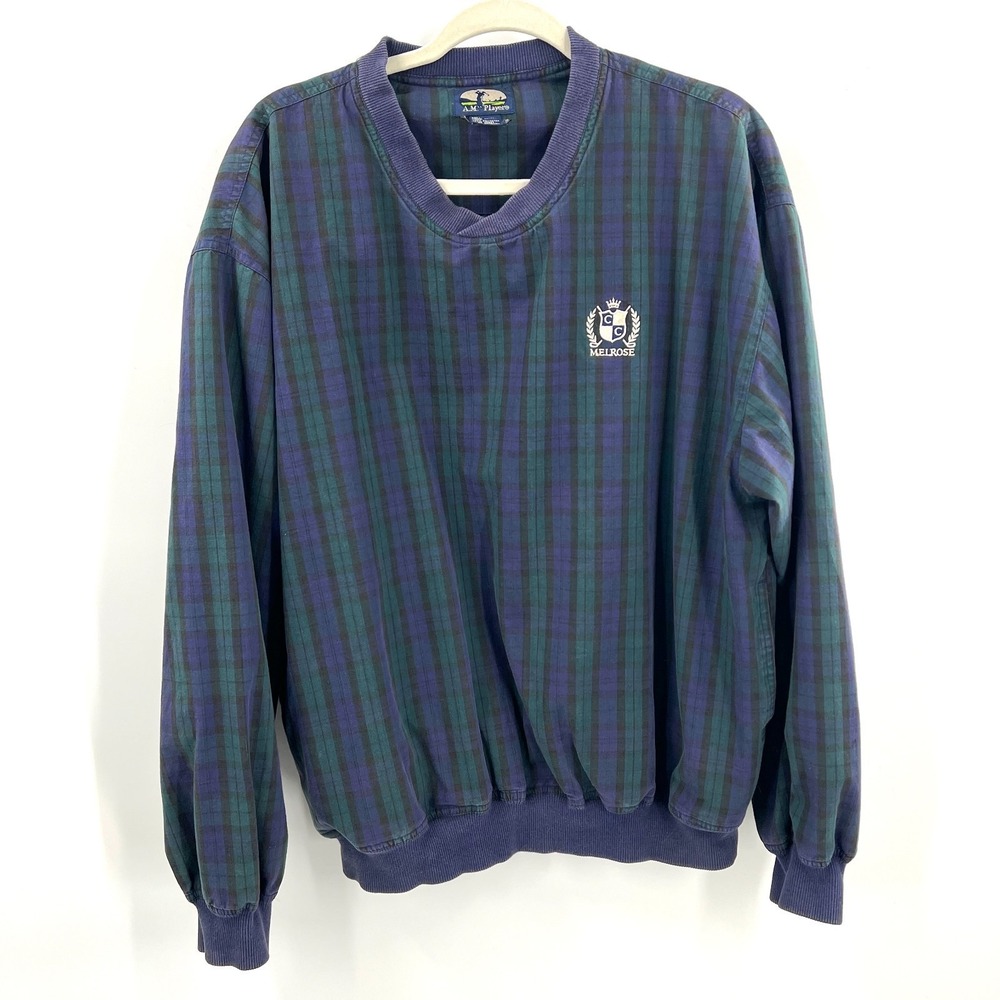 A.M.‎ Player vintage 90s plaid golf melrose v-neck ivy league blokecore blue L